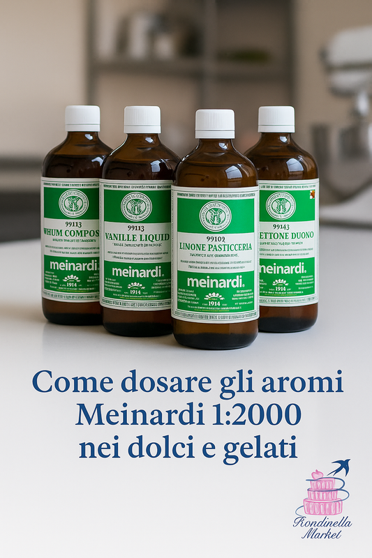 Bottiglie di aromi Meinardi 1:2000 per dolci e gelati su banco da pasticceria – Rondinella Market Napoli.