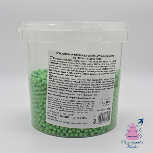 Cereali mignon ricoperti di cioccolato bianco gusto pistacchio Crispo da 1 kg in vendita su Rondinella Market a Napoli