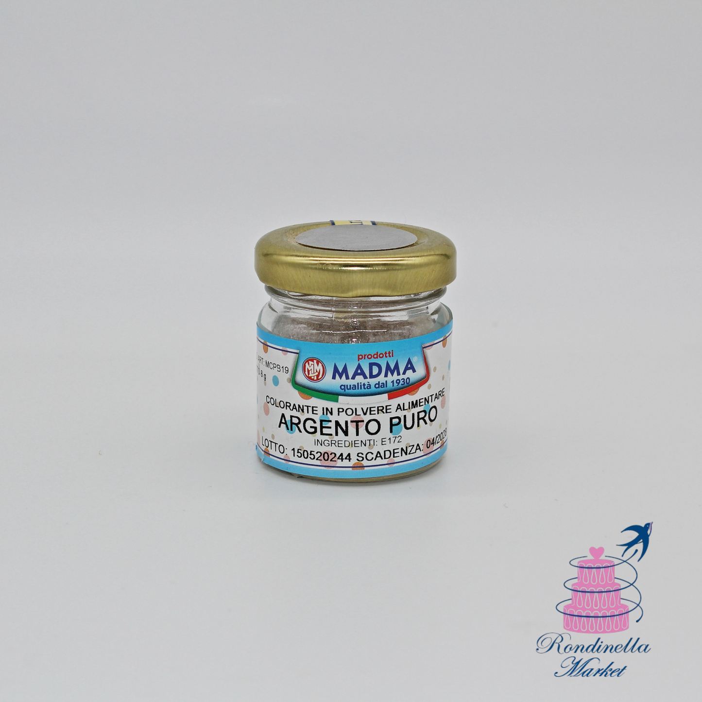 Coloranti in polvere metallizzati argento Madma da 8 g, per decorazioni dolci e torte, disponibili su Rondinella Market a Napoli