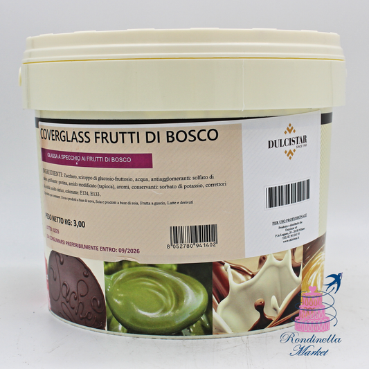 Coverglass Frutti di Bosco Dulcistar 3 kg, glassa a specchio pronta all’uso per coperture e dolci, disponibile da Rondinella Market Napoli