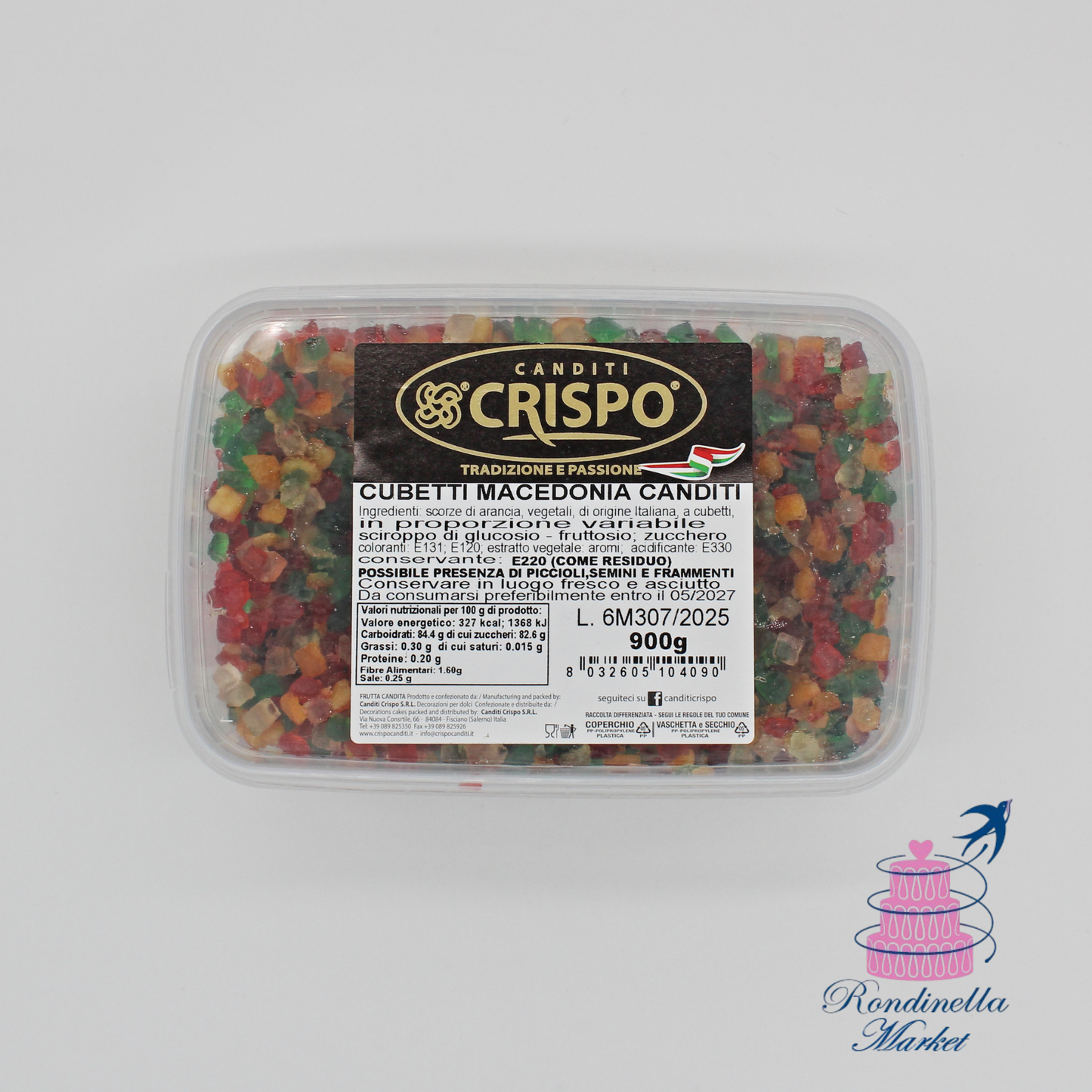 Vaschetta da 900 g di cubetti macedonia canditi Crispo, ideale per pasticceria, Rondinella Market Napoli