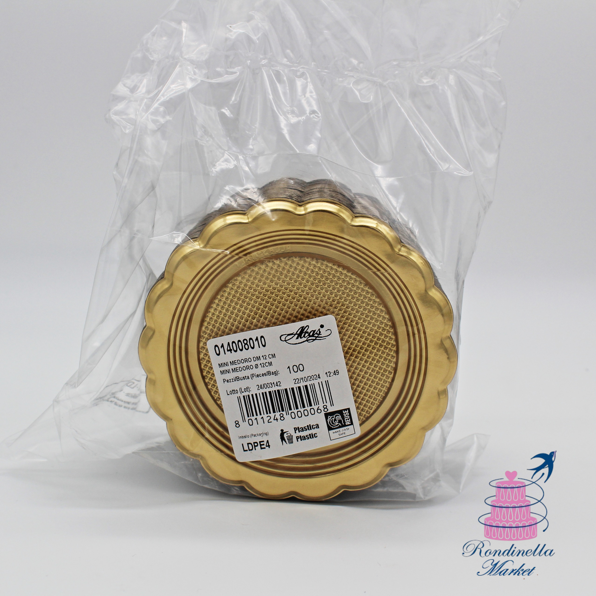 Piattini monoporzione Alcas oro da 12 cm in confezione da 100 pezzi in vendita su Rondinella Market a Napoli
