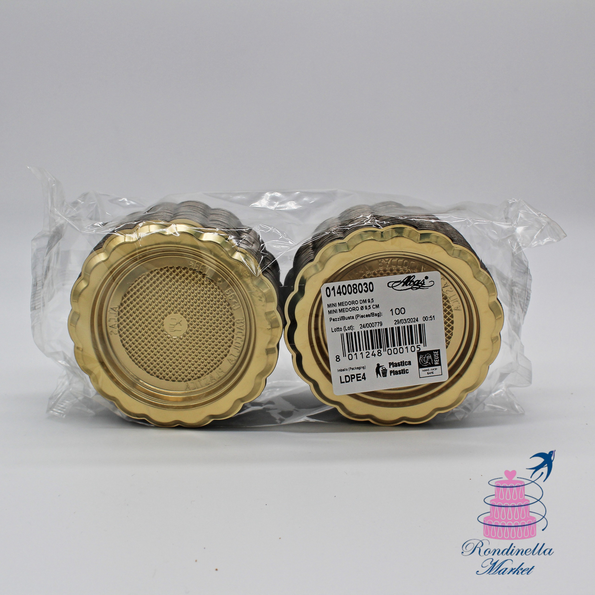 Piattini monoporzione Alcas oro da 9,5 cm in confezione da 100 pezzi in vendita su Rondinella Market a Napoli