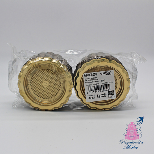 Piattini monoporzione Alcas oro da 9,5 cm in confezione da 100 pezzi in vendita su Rondinella Market a Napoli
