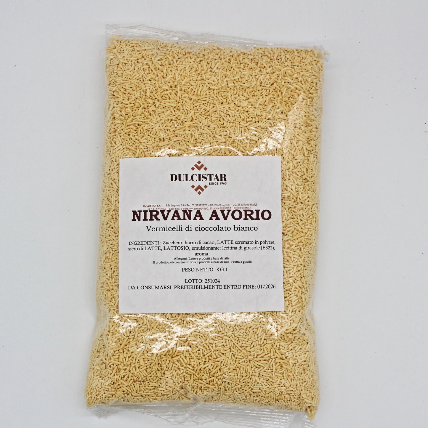Nirvana Avorio Dulcistar 1 kg, vermicelli di puro cioccolato bianco per decorazioni di torte e dolci, disponibili da Rondinella Market Napoli