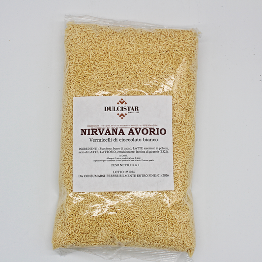 Nirvana Avorio Dulcistar 1 kg, vermicelli di puro cioccolato bianco per decorazioni di torte e dolci, disponibili da Rondinella Market Napoli