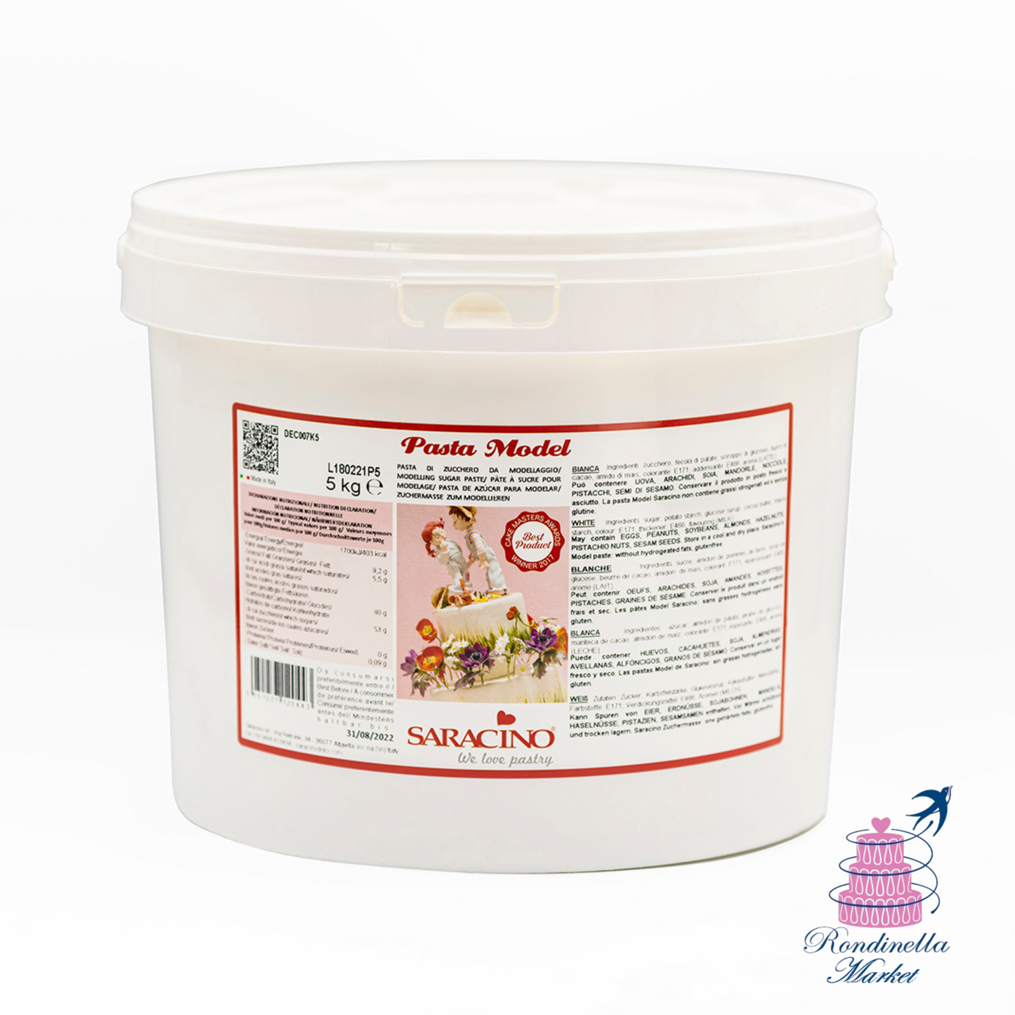 Pasta di zucchero modellante Saracino bianca da 5 kg in vendita su Rondinella Market Napoli, ideale per cake design.