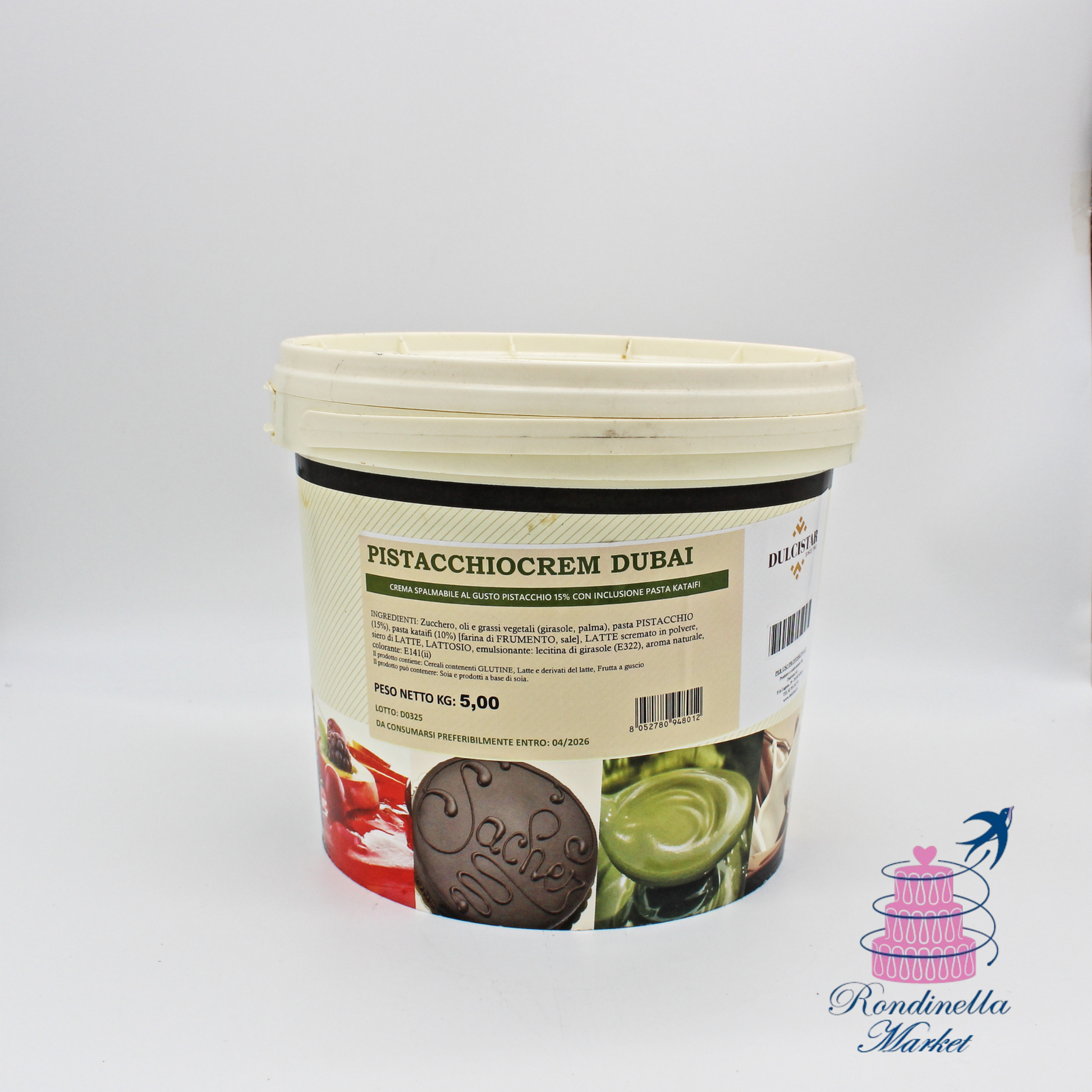 Pistacchiocrem Dubai Dulcistar 5 kg, crema spalmabile al pistacchio con pasta Katari per pasticceria e gelateria, disponibile da Rondinella Market Napoli