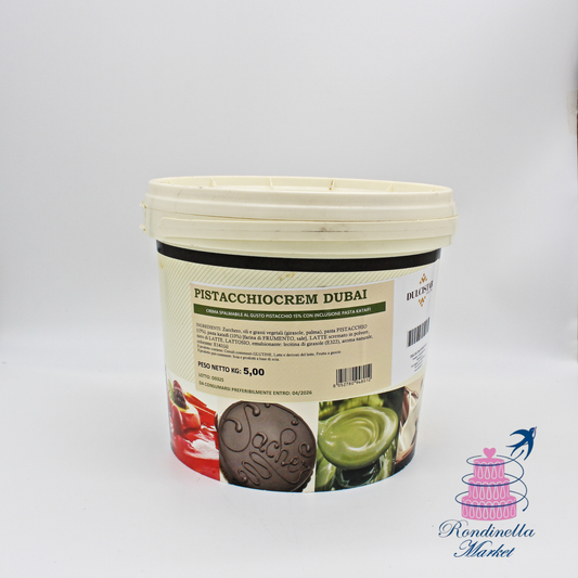 Pistacchiocrem Dubai Dulcistar 5 kg, crema spalmabile al pistacchio con pasta Katari per pasticceria e gelateria, disponibile da Rondinella Market Napoli