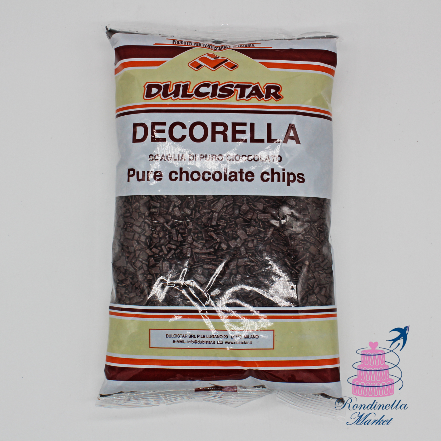 Scaglie di puro cioccolato Decorella Dulcistar 1 kg per decorazioni e dolci, disponibili da Rondinella Market Napoli