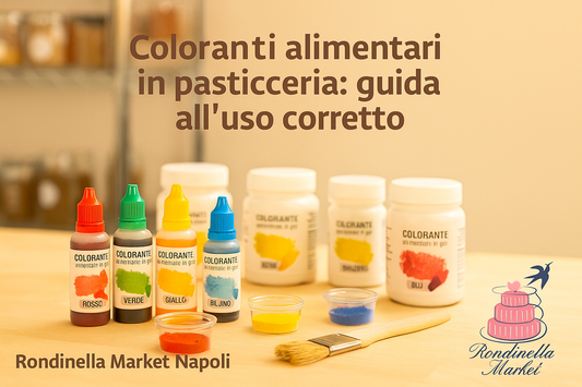 Coloranti alimentari per pasticceria e cake design disposti su banco da laboratorio – Rondinella Market Napoli