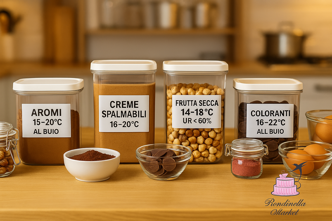 Banco di pasticceria con contenitori ermetici e ingredienti conservati correttamente – Rondinella Market Napoli