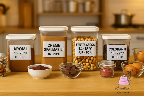 Banco di pasticceria con contenitori ermetici e ingredienti conservati correttamente – Rondinella Market Napoli