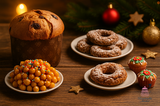 Dolci natalizi italiani su tavolo di legno con panettone, struffoli e roccocò — Rondinella Market Napoli