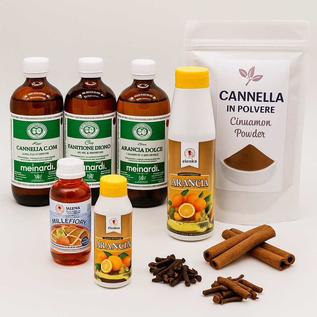 Assortimento di aromi in pasta e liquidi per dolci, con spezie come cannella, noce moscata e chiodi di garofano, ideali per pasticceria e gelateria professionale. Disponibili da Rondinella Market a Napoli.