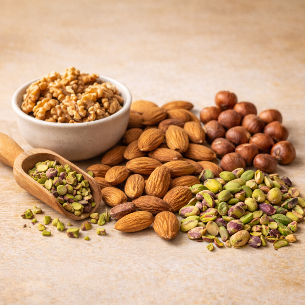 Assortimento di frutta secca per pasticceria con noci sgusciate, mandorle, pistacchi e nocciole su piano in legno – Rondinella Market Napoli