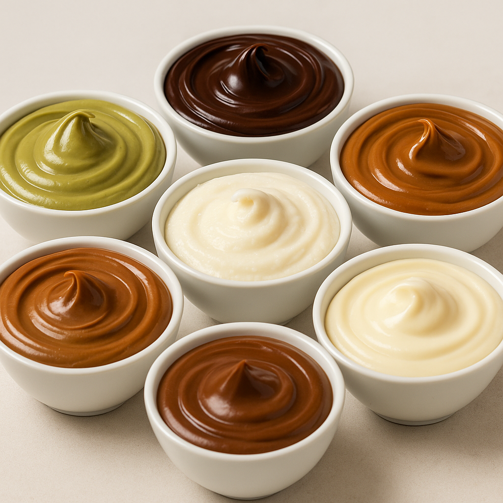 Creme spalmabili assortite per dolci e farciture in ciotole bianche – Rondinella Market Napoli