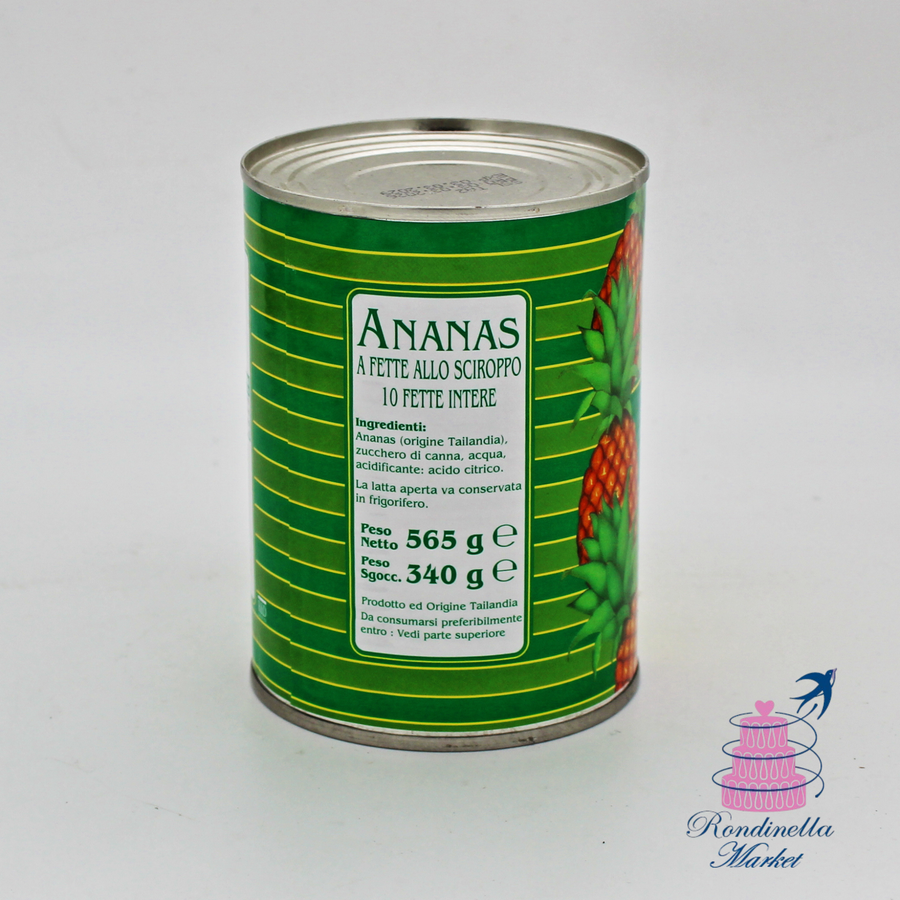 Ananas a fette allo sciroppo con 10 fette intere in latta da 565 g ideale per dessert, torte e decorazioni di pasticceria.