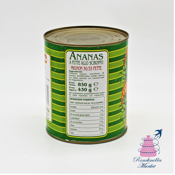 Ananas a fette allo sciroppo formato Mignon 30/33 fette in latta da 830 g ideale per pasticceria, dessert e decorazioni.