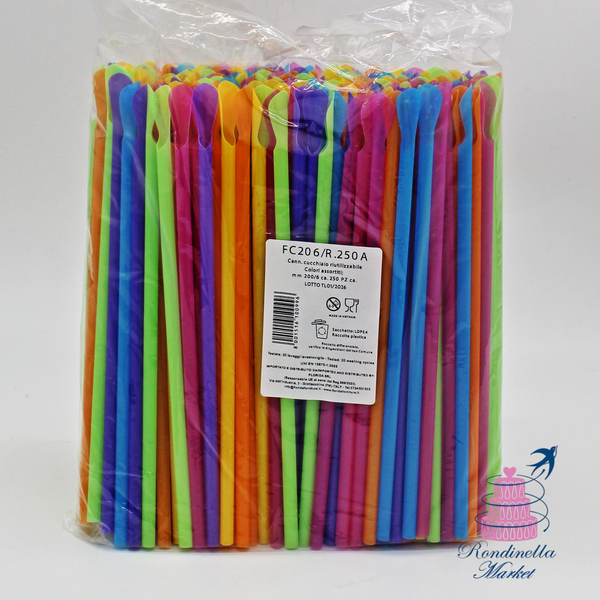 Cannucce cucchiaio riutilizzabili colorate da 20 cm e diametro 6 mm, confezione da circa 250 pezzi, ideali per granite, frappè e smoothie, disponibili da Rondinella Market Napoli.