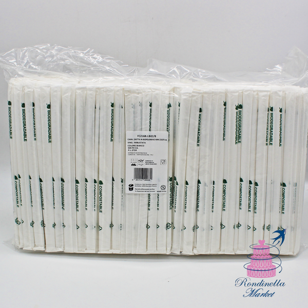 Cannucce dritte in biopolimero PLA bianche da 21 cm, imbustate singolarmente, confezione da 500 pezzi disponibili da Rondinella Market Napoli.
