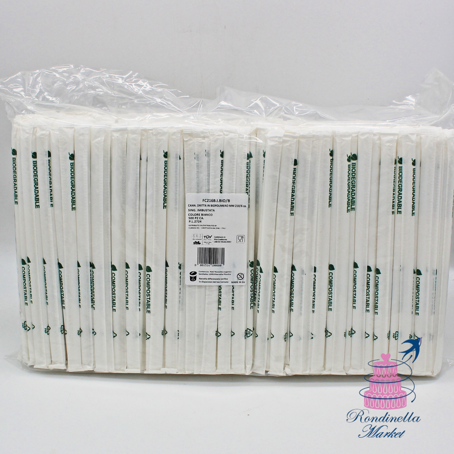Cannucce dritte in biopolimero PLA bianche da 21 cm, imbustate singolarmente, confezione da 500 pezzi disponibili da Rondinella Market Napoli.