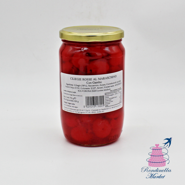 Vaso di ciliegie rosse al maraschino con gambo da 750 g, ideali per decorare dolci, cocktail e gelati, disponibili da Rondinella Market Napoli.