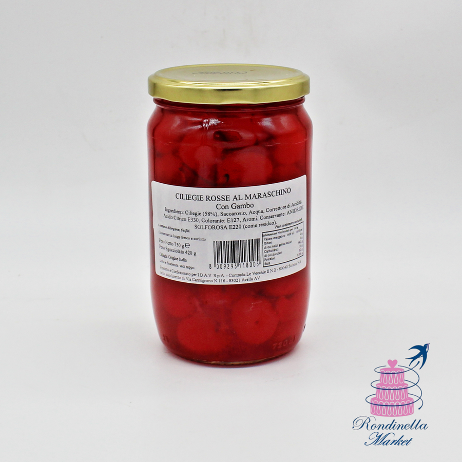 Vaso di ciliegie rosse al maraschino con gambo da 750 g, ideali per decorare dolci, cocktail e gelati, disponibili da Rondinella Market Napoli.