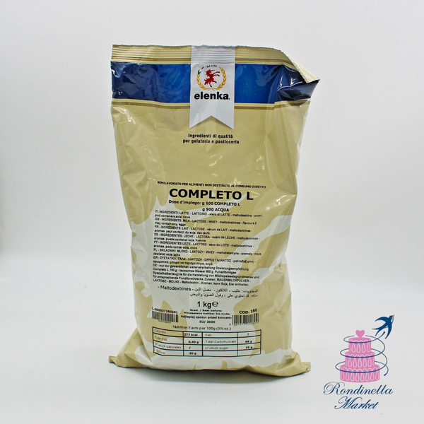 Confezione da 1 kg di Completo L Elenka, base bilanciata professionale per la preparazione di creme gelato artigianali.
