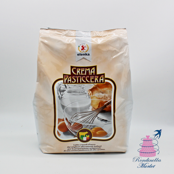 Confezione frontale di Crema Pasticcera Elenka concentrato professionale da 1 kg per la preparazione di crema pasticcera artigianale.