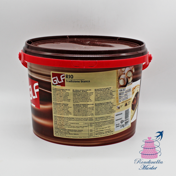 Secchio da 5 kg di crema spalmabile bianca GLF Rio Tradizione Bianca con vaniglia Bourbon per farciture professionali.