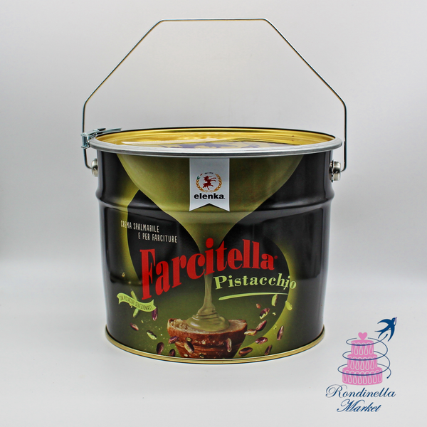 Secchio professionale da 8 kg di crema spalmabile al pistacchio Elenka Farcitella con 20% di pistacchio per farciture e decorazioni.