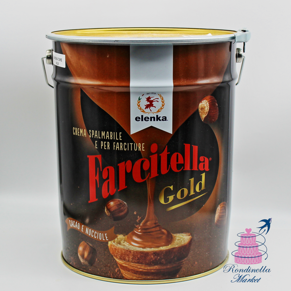 Secchio da 14 kg di crema spalmabile alla nocciola Elenka Farcitella Gold per farciture professionali di pasticceria e gelateria.