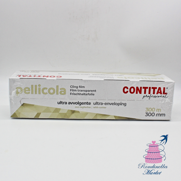 Pellicola trasparente alimentare Contital Professional da 300 metri e 30 cm con taglierina integrata per uso professionale.