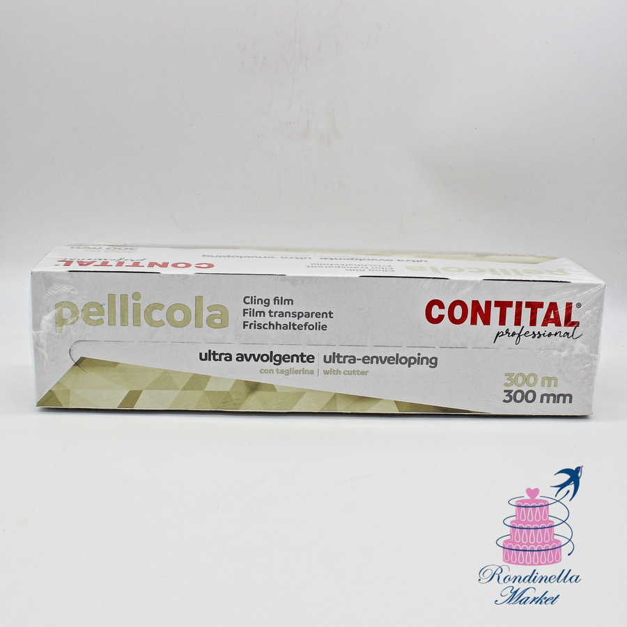 Pellicola trasparente alimentare Contital Professional da 300 metri e 30 cm con taglierina integrata per uso professionale.