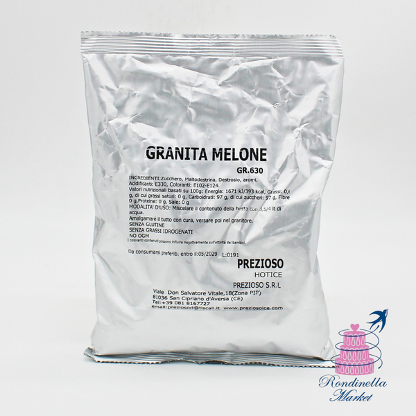 Preparato professionale Prezioso da 630 g per granita al melone, ideale per granitori professionali, disponibile da Rondinella Market Napoli.