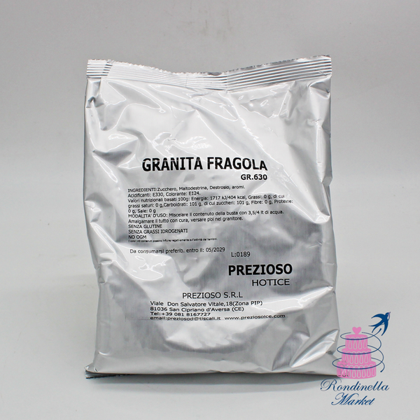 Preparato professionale in polvere per granita alla fragola Prezioso da 630 g ideale per granitori, bar e gelaterie disponibile da Rondinella Market Napoli.