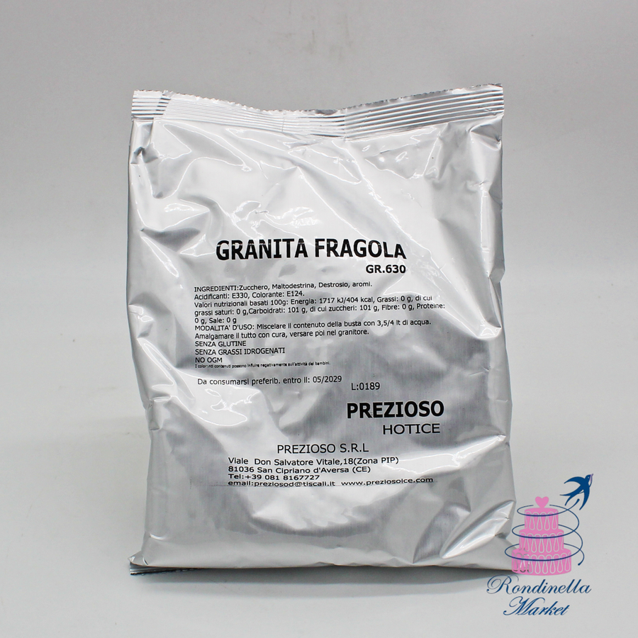Preparato professionale in polvere per granita alla fragola Prezioso da 630 g ideale per granitori, bar e gelaterie disponibile da Rondinella Market Napoli.
