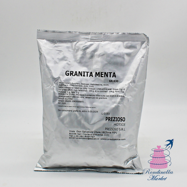 Preparato professionale in polvere per granita alla menta Prezioso da 630 g ideale per granitori, bar e gelaterie disponibile da Rondinella Market Napoli.