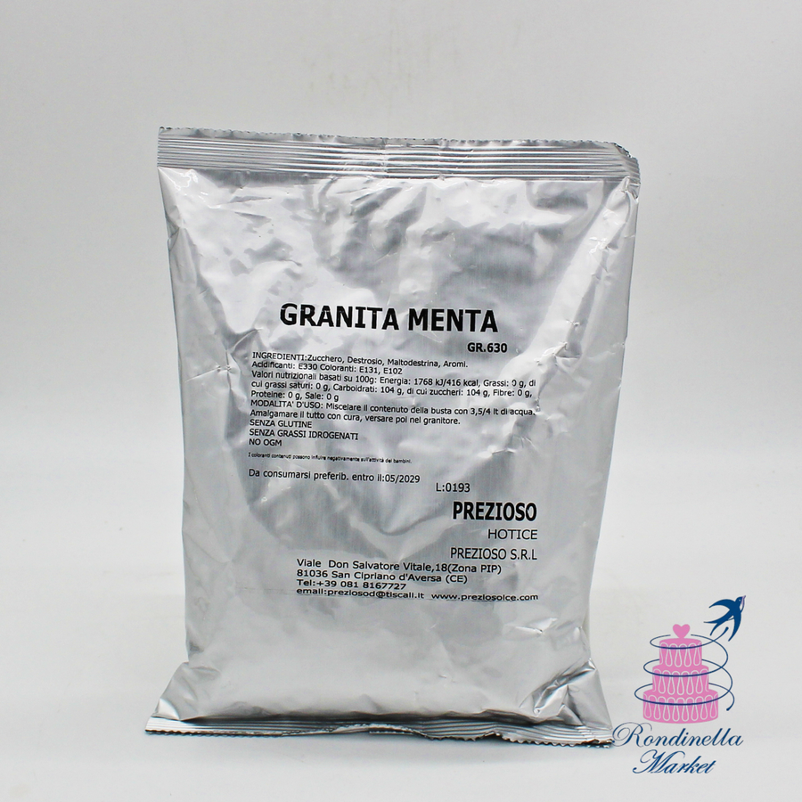 Preparato professionale in polvere per granita alla menta Prezioso da 630 g ideale per granitori, bar e gelaterie disponibile da Rondinella Market Napoli.