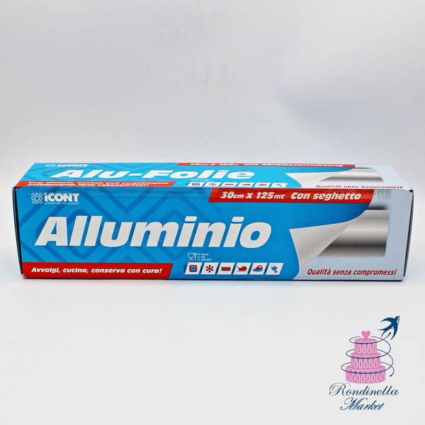 Rotolo professionale di alluminio alimentare ICONT da 30 cm x 125 metri con seghetto integrato per conservazione e cottura degli alimenti.