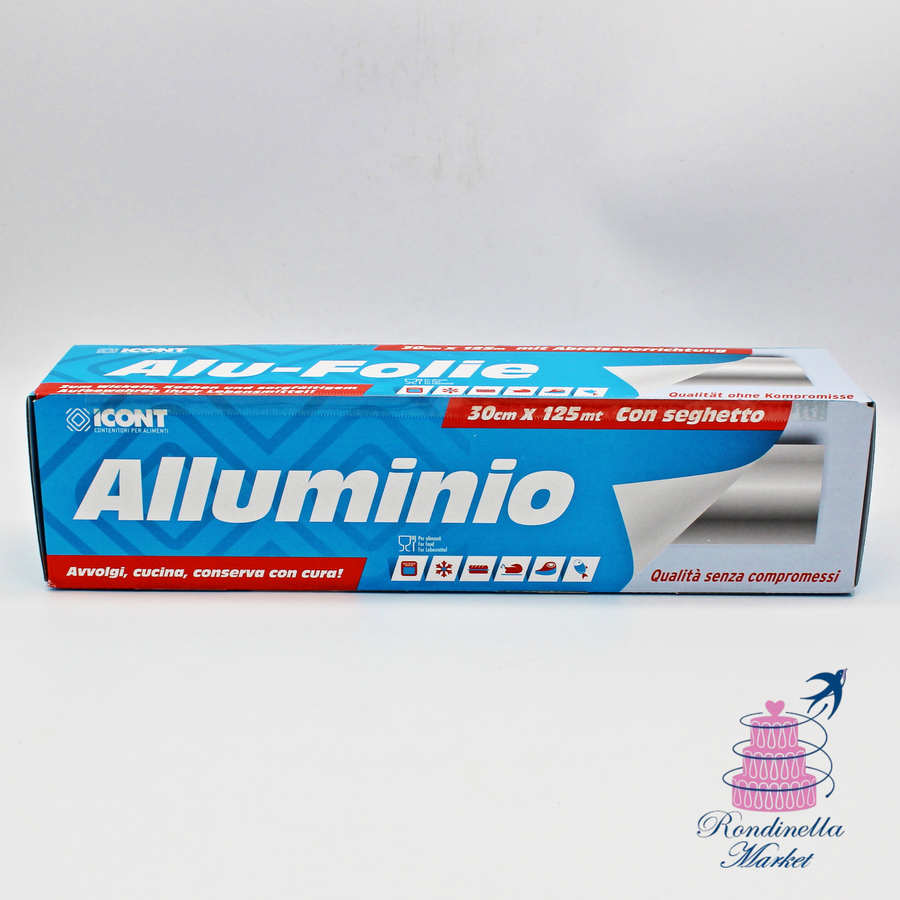 Rotolo professionale di alluminio alimentare ICONT da 30 cm x 125 metri con seghetto integrato per conservazione e cottura degli alimenti.
