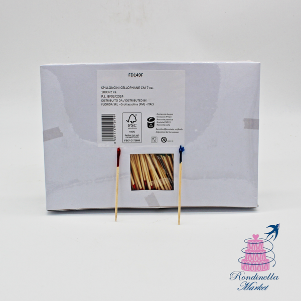 Spilloncini in bamboo con estremità in cellophane colorato da 7 cm, confezione da 1000 pezzi per finger food, buffet e aperitivi disponibili da Rondinella Market Napoli.