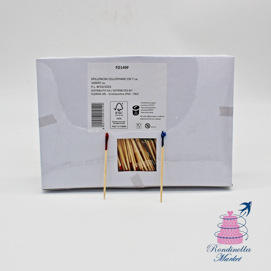 Spilloncini in bamboo con estremità in cellophane colorato da 7 cm, confezione da 1000 pezzi per finger food, buffet e aperitivi disponibili da Rondinella Market Napoli.