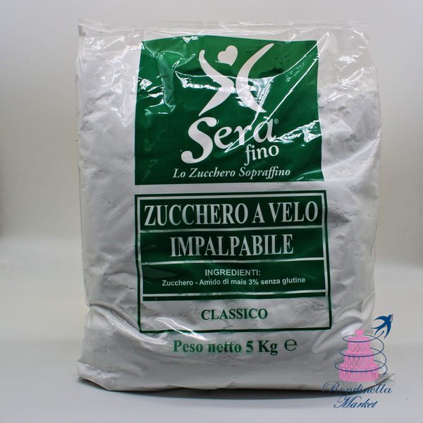 Confezione da 5 kg di zucchero a velo impalpabile Sera Fino Classico con 3% di amido di mais senza glutine.