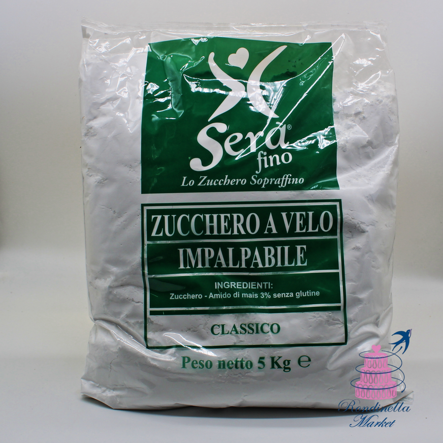 Confezione da 5 kg di zucchero a velo impalpabile Sera Fino Classico con 3% di amido di mais senza glutine.