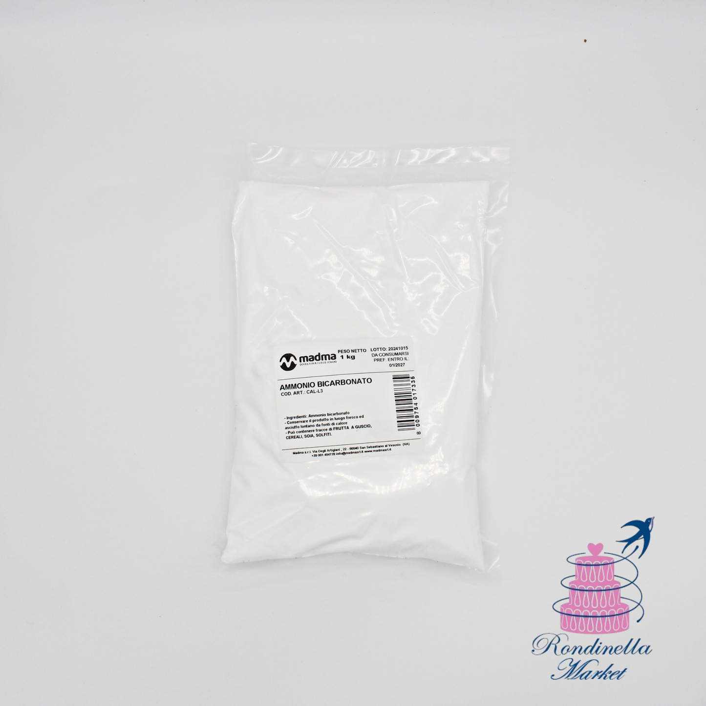 Sacco da 1 kg di ammonio bicarbonato Madma per dolci, disponibile da Rondinella Market Napoli
