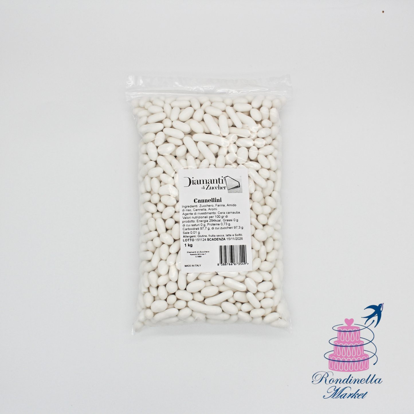 Sacchetto da 1 kg di cannellini zuccherini bianchi per decorazioni dolci, Rondinella Market Napoli