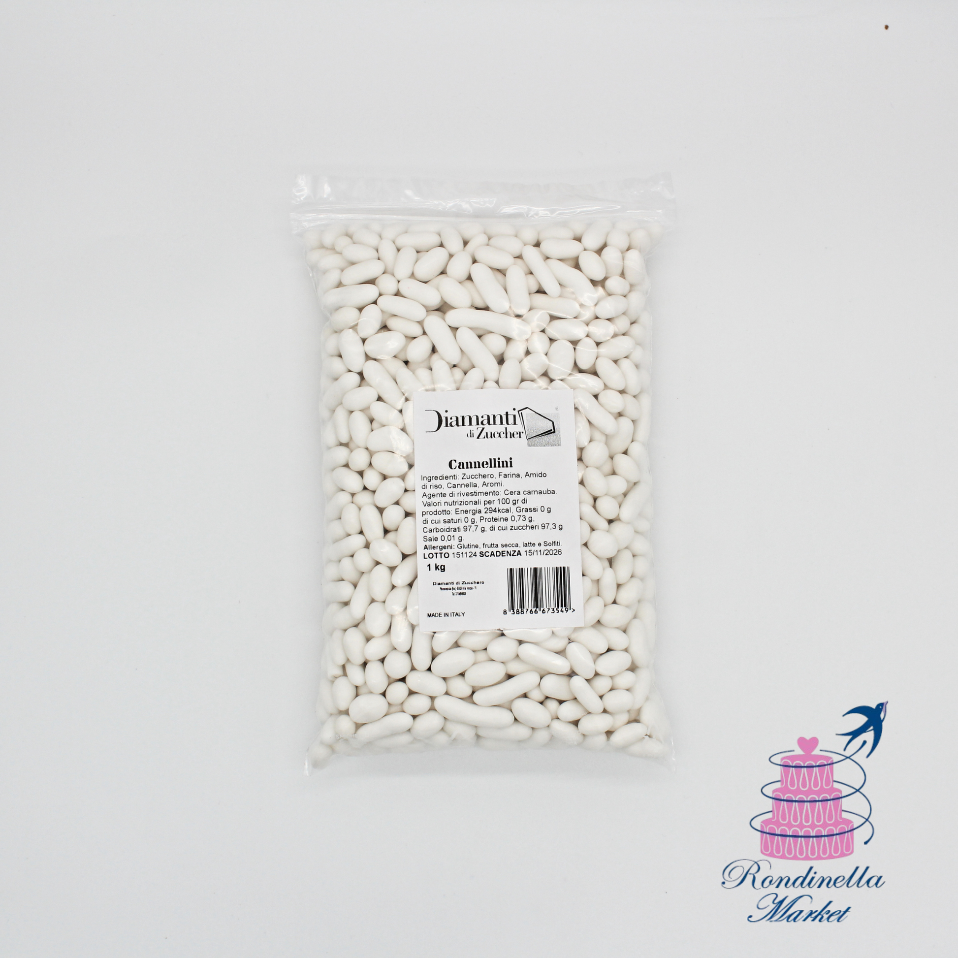 Sacchetto da 1 kg di cannellini zuccherini bianchi per decorazioni dolci, Rondinella Market Napoli