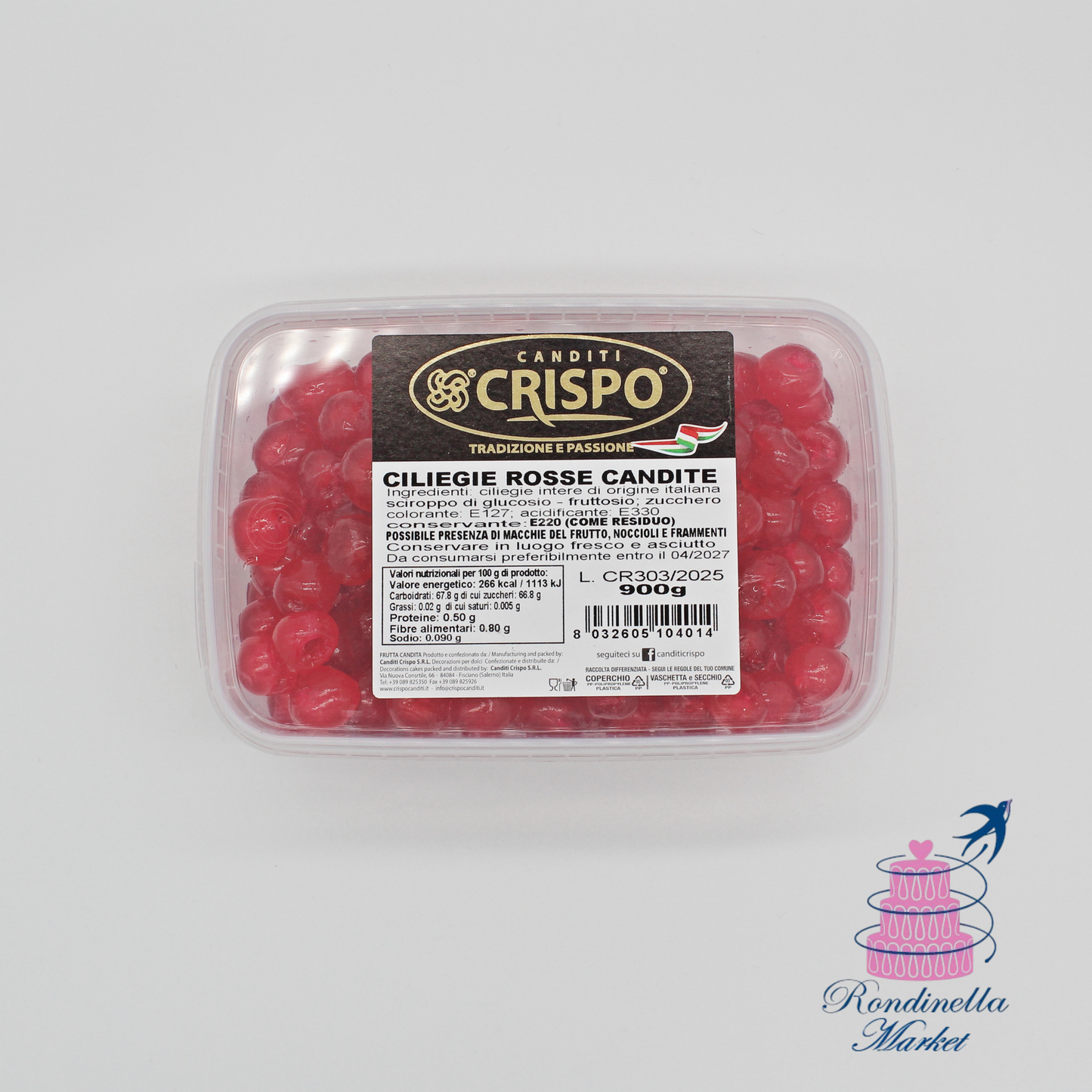 Vaschetta da 900 g di ciliegie rosse candite Crispo, ideali per decorazioni e dolci, Rondinella Market Napoli